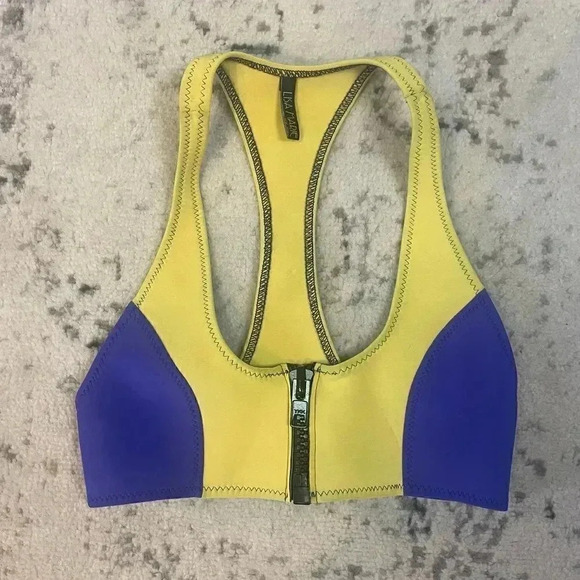 Lisa Marie Fernandez Size II Scuba Zip Up Color Block Neoprene Bikini Top Yellow - Picture 1 of 8